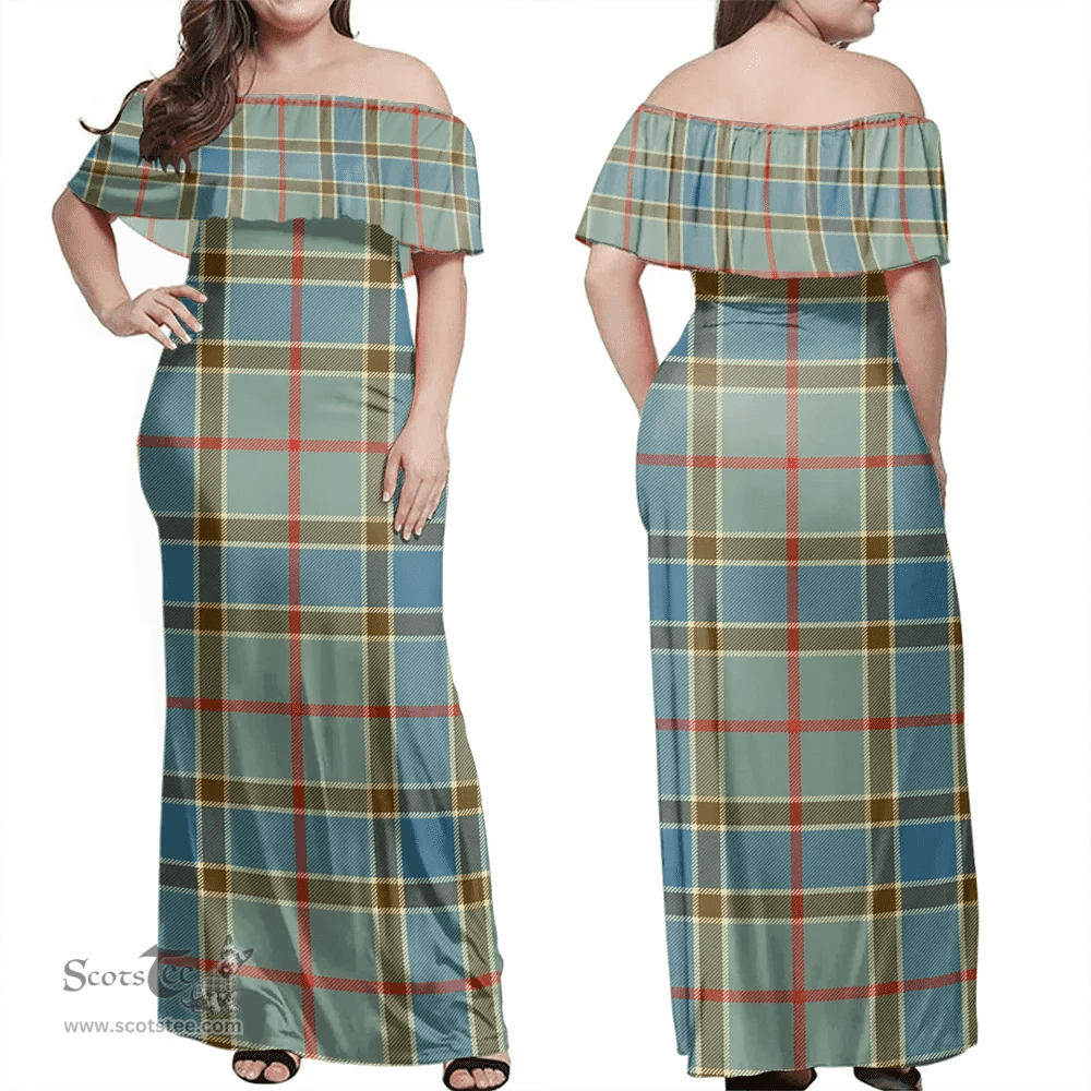 Scottish Balfour Blue Clan Tartan Off Shoulder Long Dress - Classic Scottish Plaid Tartan Plaid