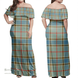 Scottish Balfour Blue Clan Tartan Off Shoulder Long Dress - Classic Scottish Plaid Tartan Plaid