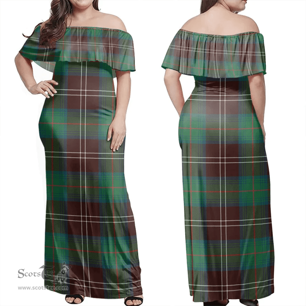 Scottish Chisholm Hunting Ancient Clan Tartan Off Shoulder Long Dress - Classic Scottish Plaid Tartan Plaid