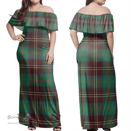 Scottish Chisholm Hunting Ancient Clan Tartan Off Shoulder Long Dress - Classic Scottish Plaid Tartan Plaid
