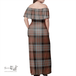 Scottish Cameron Of Erracht Weathered Clan Tartan Off Shoulder Long Dress - Classic Scottish Plaid Tartan Plaid