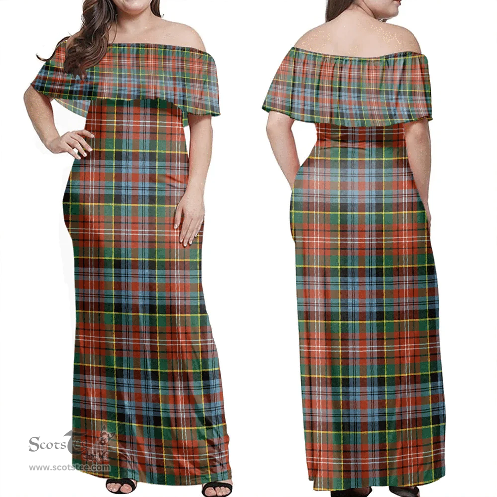 Scottish Caledonia Ancient Clan Tartan Off Shoulder Long Dress - Classic Scottish Plaid Tartan Plaid