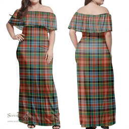 Scottish Caledonia Ancient Clan Tartan Off Shoulder Long Dress - Classic Scottish Plaid Tartan Plaid