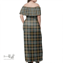 Scottish Farquharson Weathered Clan Tartan Off Shoulder Long Dress - Classic Scottish Plaid Tartan Plaid