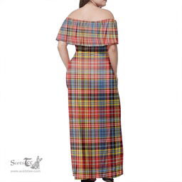 Scottish Drummond Of Strathallan Clan Tartan Off Shoulder Long Dress - Classic Scottish Plaid Tartan Plaid