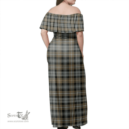 Scottish Campbell Argyll Weathered Clan Tartan Off Shoulder Long Dress - Classic Scottish Plaid Tartan Plaid