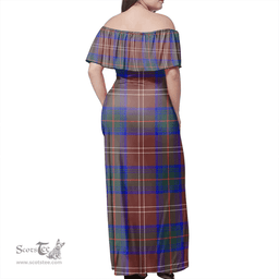 Scottish Chisholm Hunting Modern Clan Tartan Off Shoulder Long Dress - Classic Scottish Plaid Tartan Plaid