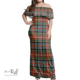 Scottish Caledonia Ancient Clan Tartan Off Shoulder Long Dress - Classic Scottish Plaid Tartan Plaid