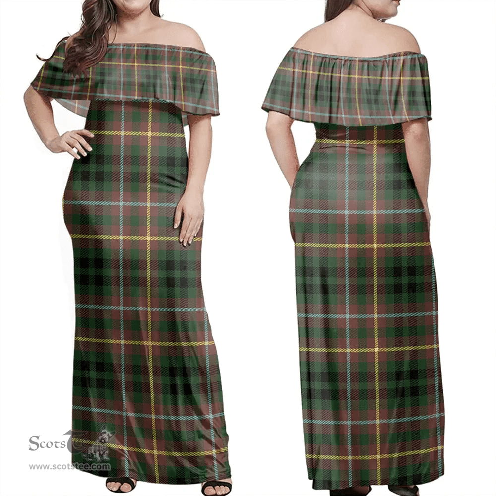 Scottish Buchanan Hunting Clan Tartan Off Shoulder Long Dress - Classic Scottish Plaid Tartan Plaid