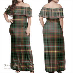 Scottish Buchanan Hunting Clan Tartan Off Shoulder Long Dress - Classic Scottish Plaid Tartan Plaid