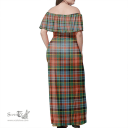 Scottish Caledonia Ancient Clan Tartan Off Shoulder Long Dress - Classic Scottish Plaid Tartan Plaid