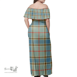 Scottish Balfour Blue Clan Tartan Off Shoulder Long Dress - Classic Scottish Plaid Tartan Plaid