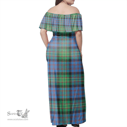 Scottish Bowie Ancient Clan Tartan Off Shoulder Long Dress - Classic Scottish Plaid Tartan Plaid