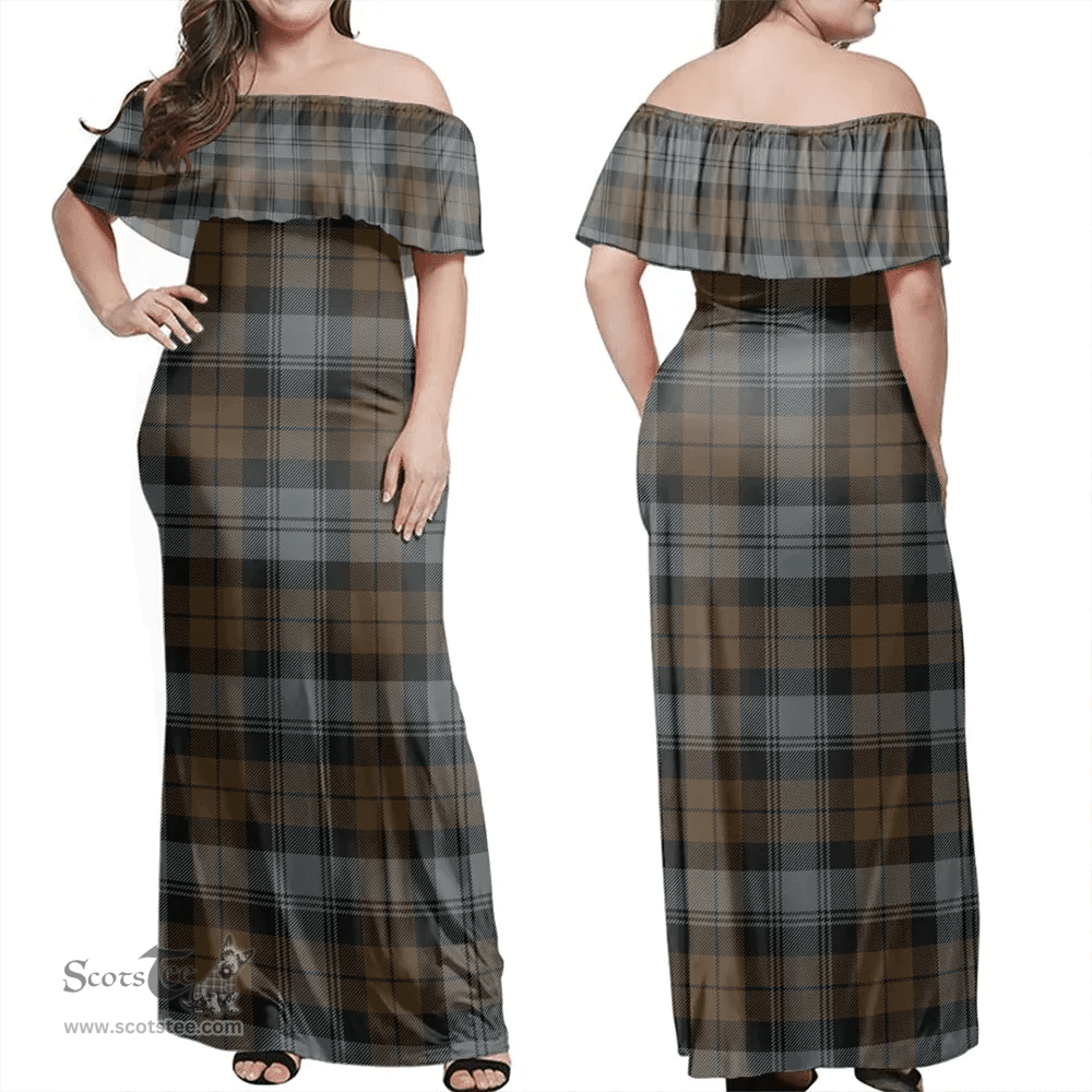 Scottish Blackwatch Weathered Clan Tartan Off Shoulder Long Dress - Classic Scottish Plaid Tartan Plaid