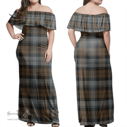 Scottish Blackwatch Weathered Clan Tartan Off Shoulder Long Dress - Classic Scottish Plaid Tartan Plaid