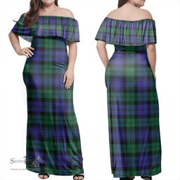 Scottish Blackwatch Modern Clan Tartan Off Shoulder Long Dress - Classic Scottish Plaid Tartan Plaid