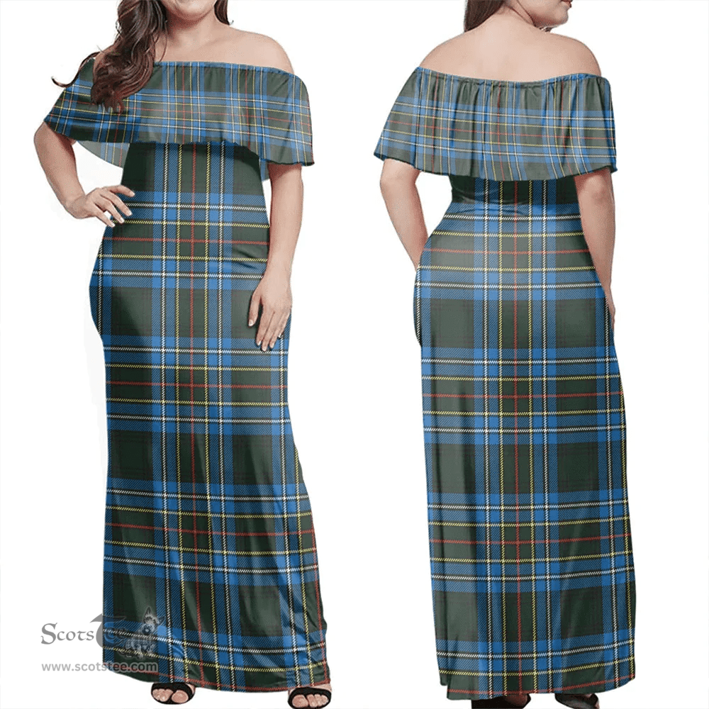 Scottish Cockburn Modern Clan Tartan Off Shoulder Long Dress - Classic Scottish Plaid Tartan Plaid
