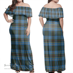 Scottish Cockburn Modern Clan Tartan Off Shoulder Long Dress - Classic Scottish Plaid Tartan Plaid