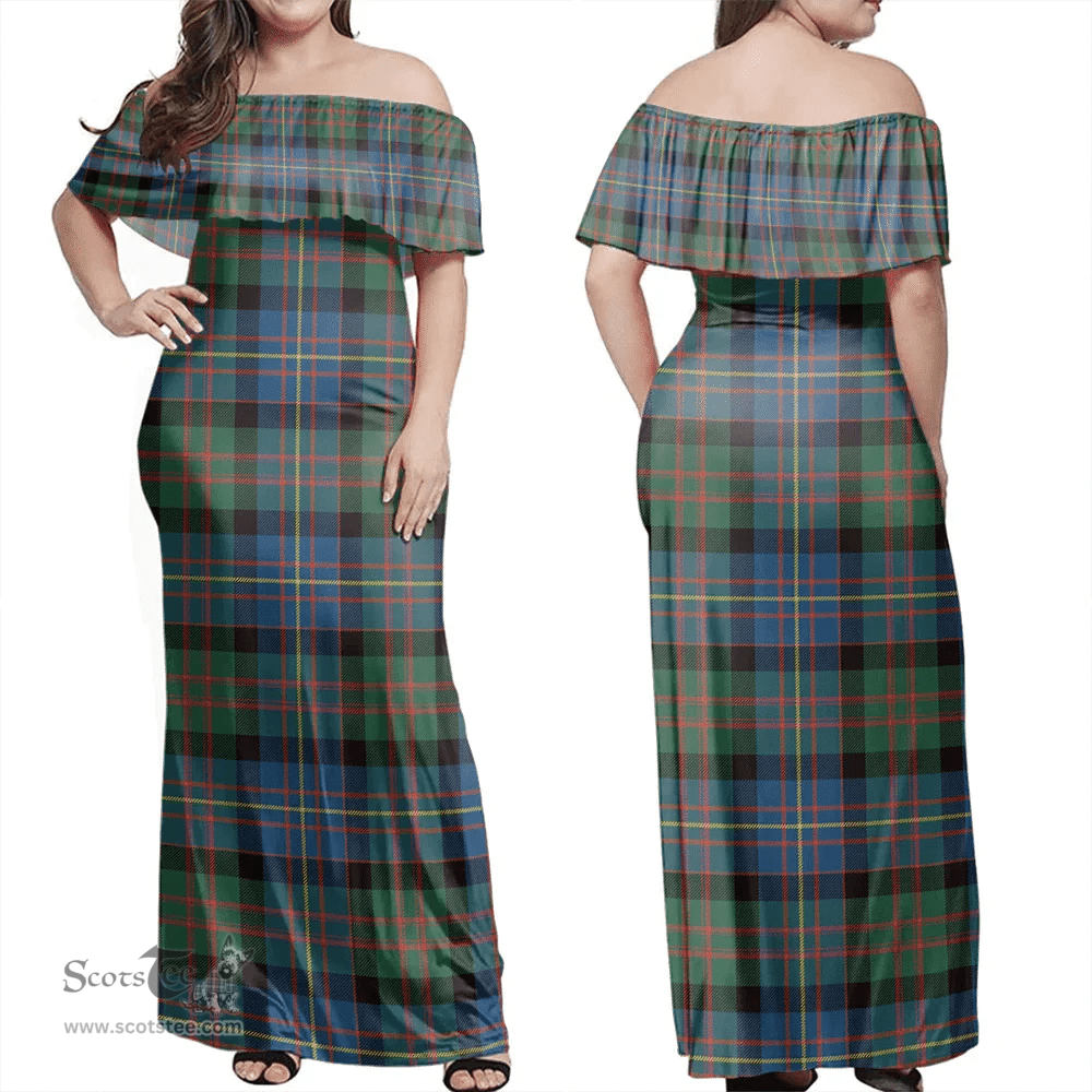 Scottish Cameron Of Erracht Ancient Clan Tartan Off Shoulder Long Dress - Classic Scottish Plaid Tartan Plaid