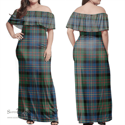 Scottish Cameron Of Erracht Ancient Clan Tartan Off Shoulder Long Dress - Classic Scottish Plaid Tartan Plaid