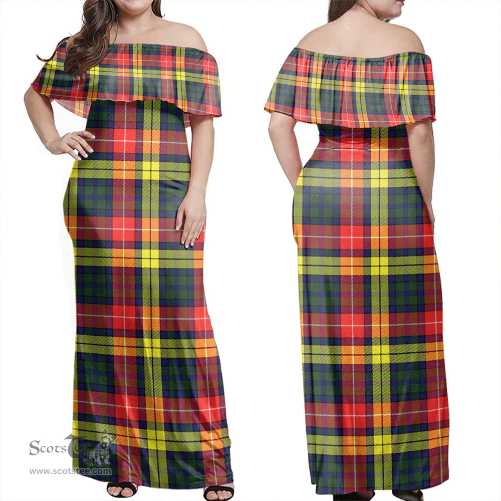 Scottish Buchanan Modern Clan Tartan Off Shoulder Long Dress - Classic Scottish Plaid Tartan Plaid