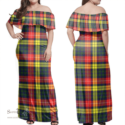 Scottish Buchanan Modern Clan Tartan Off Shoulder Long Dress - Classic Scottish Plaid Tartan Plaid