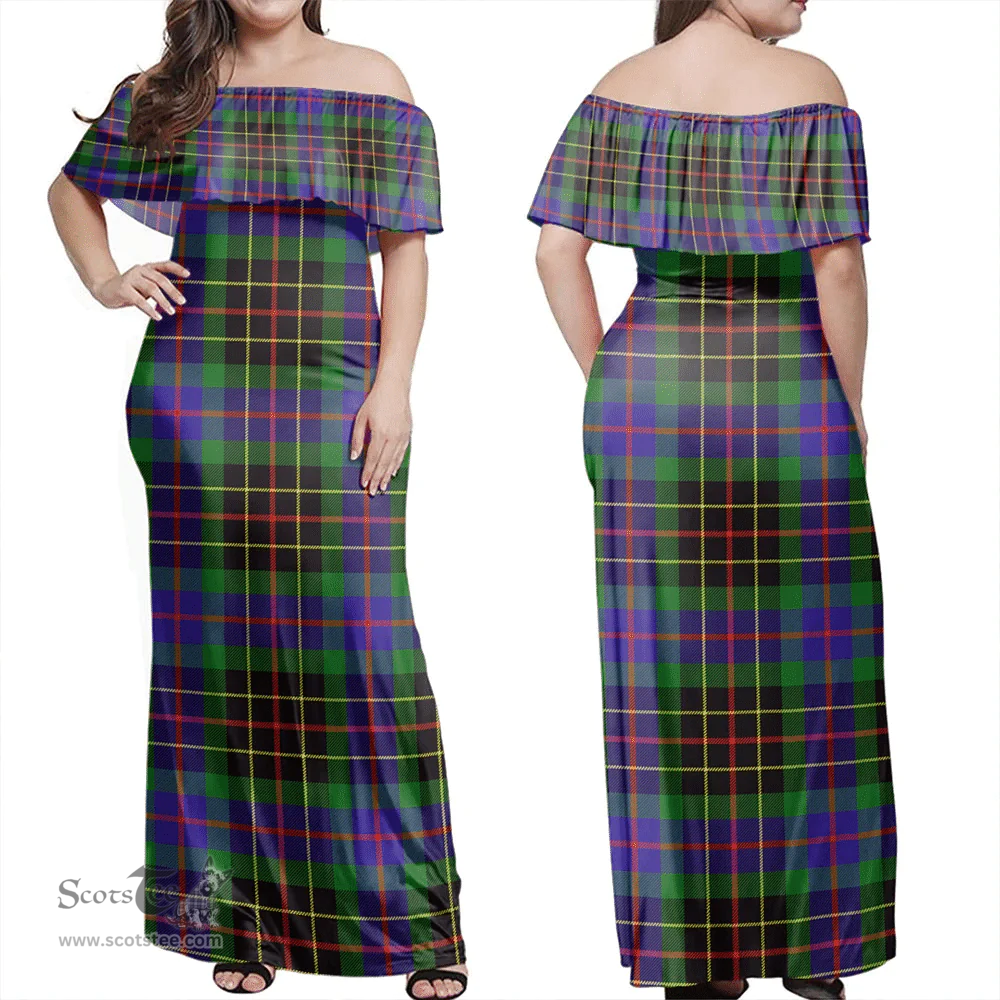 Scottish Brodie Hunting Modern Clan Tartan Off Shoulder Long Dress - Classic Scottish Plaid Tartan Plaid