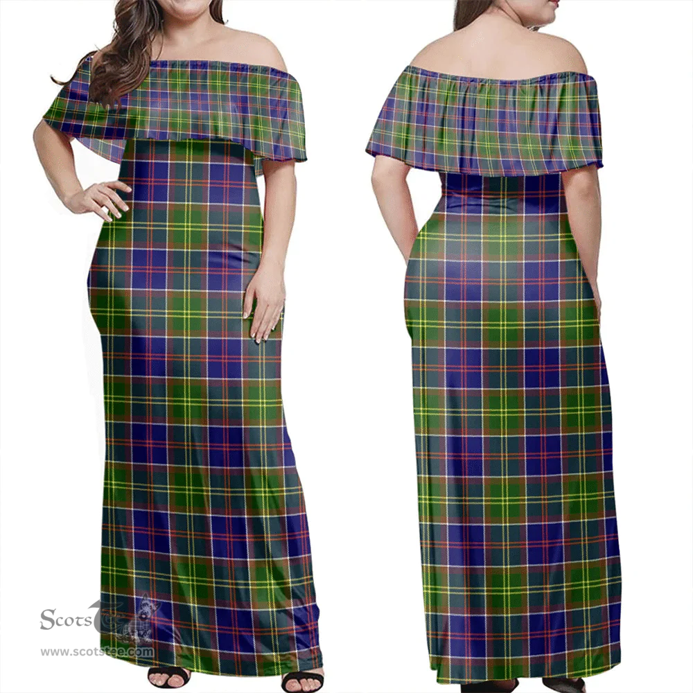 Scottish Ayrshire District Clan Tartan Off Shoulder Long Dress - Classic Scottish Plaid Tartan Plaid