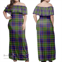 Scottish Ayrshire District Clan Tartan Off Shoulder Long Dress - Classic Scottish Plaid Tartan Plaid