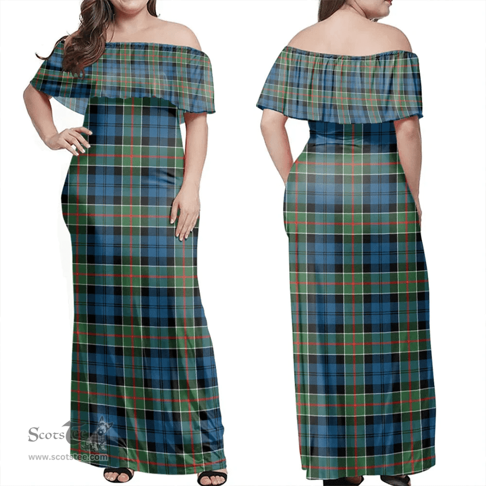 Scottish Colquhoun Ancient Clan Tartan Off Shoulder Long Dress - Classic Scottish Plaid Tartan Plaid