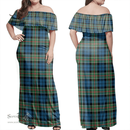 Scottish Colquhoun Ancient Clan Tartan Off Shoulder Long Dress - Classic Scottish Plaid Tartan Plaid