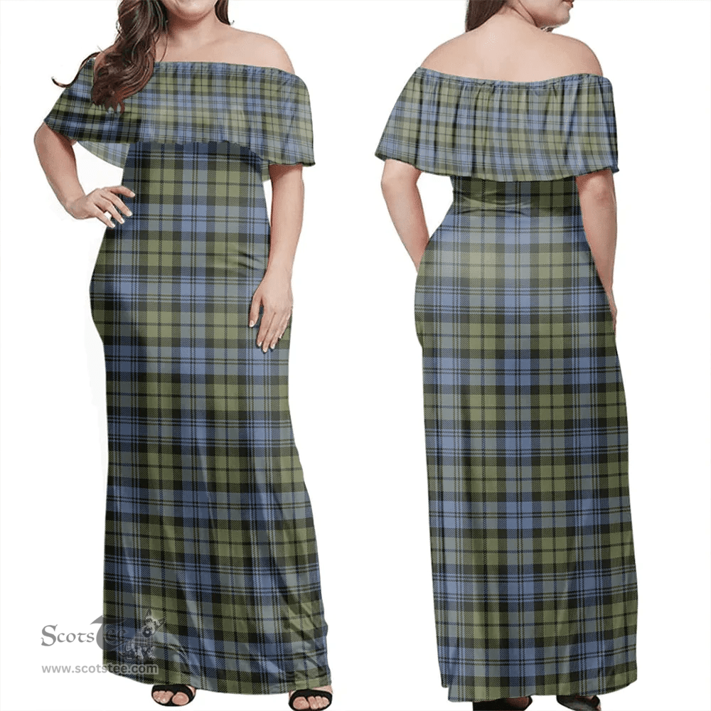 Scottish Campbell Faded Clan Tartan Off Shoulder Long Dress - Classic Scottish Plaid Tartan Plaid
