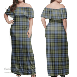 Scottish Campbell Faded Clan Tartan Off Shoulder Long Dress - Classic Scottish Plaid Tartan Plaid