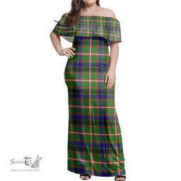 Scottish Reid Green Clan Tartan Off Shoulder Long Dress - Classic Scottish Plaid Tartan Plaid