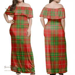 Scottish Burnett Ancient Clan Tartan Off Shoulder Long Dress - Classic Scottish Plaid Tartan Plaid