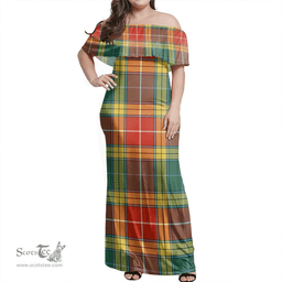 Scottish Buchanan Old Set Weathered Clan Tartan Off Shoulder Long Dress - Classic Scottish Plaid Tartan Plaid