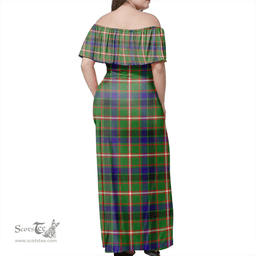 Scottish Reid Green Clan Tartan Off Shoulder Long Dress - Classic Scottish Plaid Tartan Plaid
