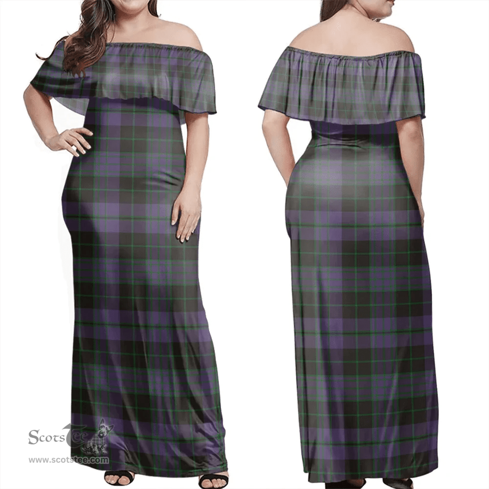 Scottish Clergy Green Clan Tartan Off Shoulder Long Dress - Classic Scottish Plaid Tartan Plaid