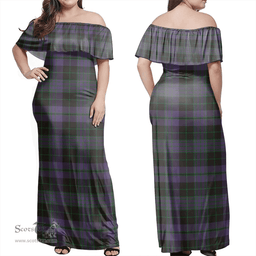 Scottish Clergy Green Clan Tartan Off Shoulder Long Dress - Classic Scottish Plaid Tartan Plaid