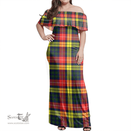 Scottish Buchanan Modern Clan Tartan Off Shoulder Long Dress - Classic Scottish Plaid Tartan Plaid