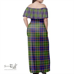 Scottish Ayrshire District Clan Tartan Off Shoulder Long Dress - Classic Scottish Plaid Tartan Plaid