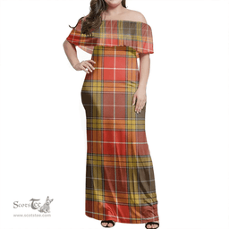 Scottish Buchanan Old Set Clan Tartan Off Shoulder Long Dress - Classic Scottish Plaid Tartan Plaid