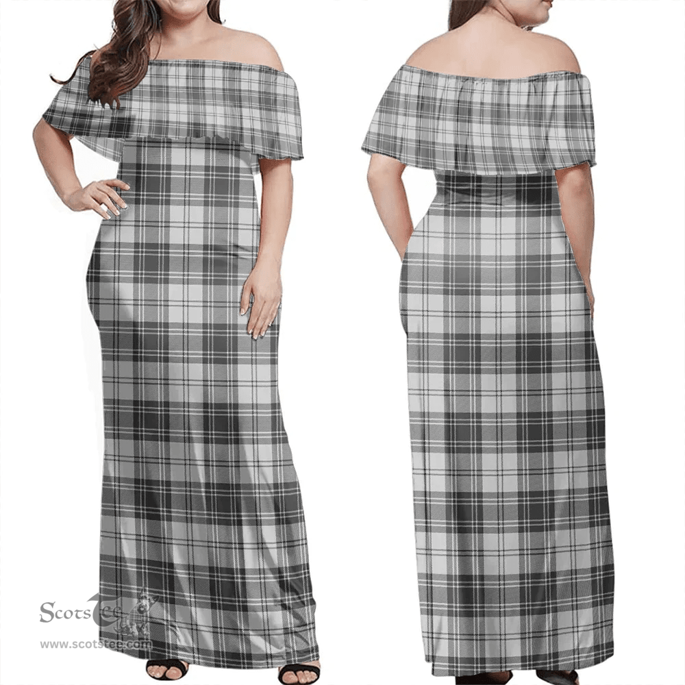 Scottish Douglas Grey Modern Clan Tartan Off Shoulder Long Dress - Classic Scottish Plaid Tartan Plaid