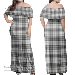 Scottish Douglas Grey Modern Clan Tartan Off Shoulder Long Dress - Classic Scottish Plaid Tartan Plaid