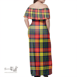 Scottish Buchanan Modern Clan Tartan Off Shoulder Long Dress - Classic Scottish Plaid Tartan Plaid