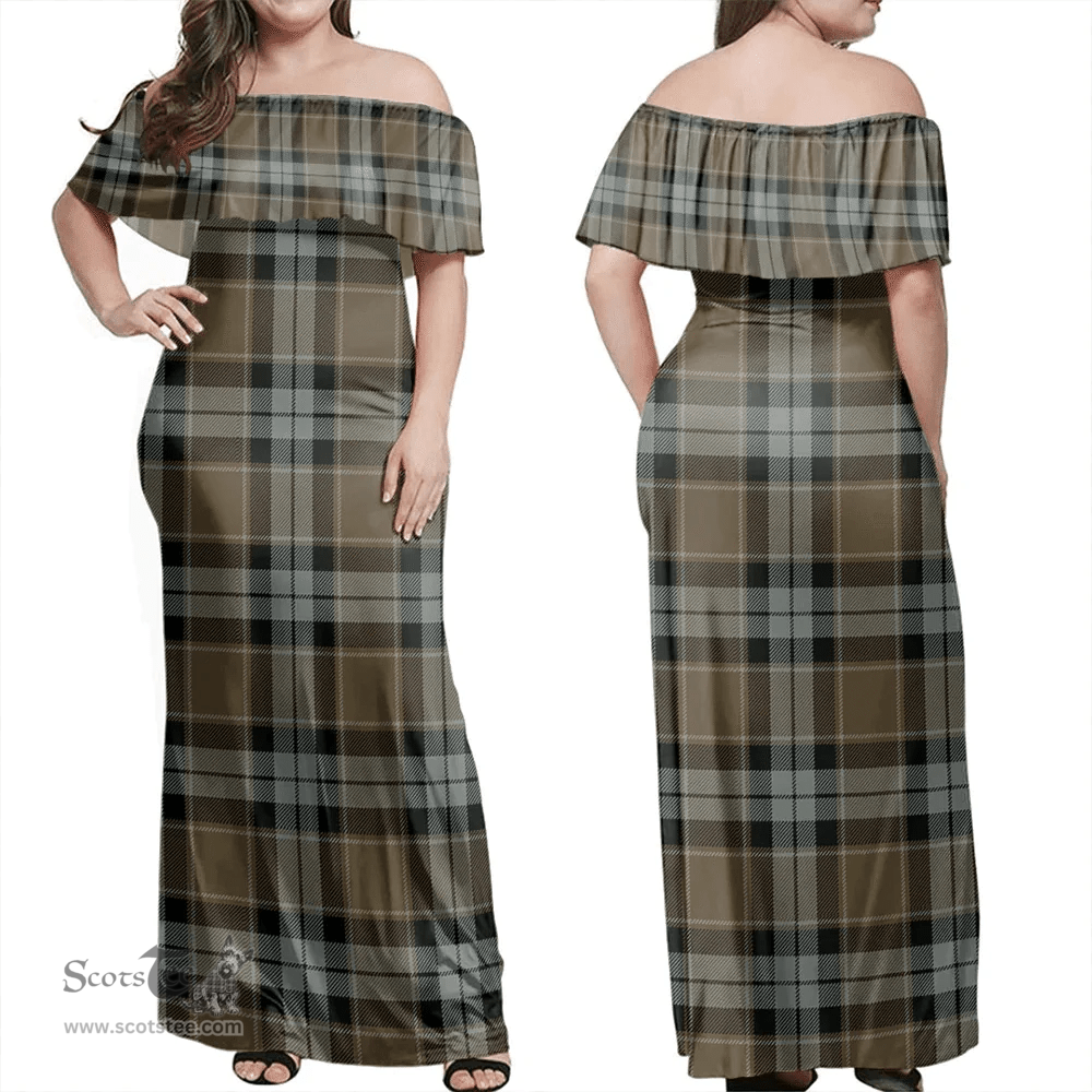 Scottish Graham Of Menteith Weathered Clan Tartan Off Shoulder Long Dress - Classic Scottish Plaid Tartan Plaid
