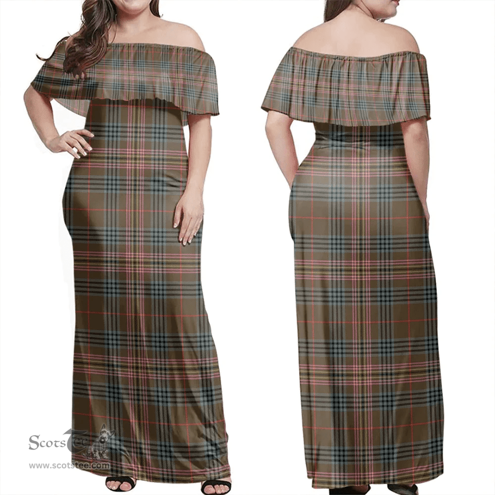 Scottish Kennedy Weathered Clan Tartan Off Shoulder Long Dress - Classic Scottish Plaid Tartan Plaid