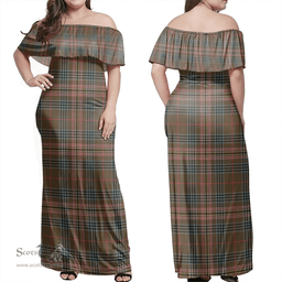 Scottish Kennedy Weathered Clan Tartan Off Shoulder Long Dress - Classic Scottish Plaid Tartan Plaid