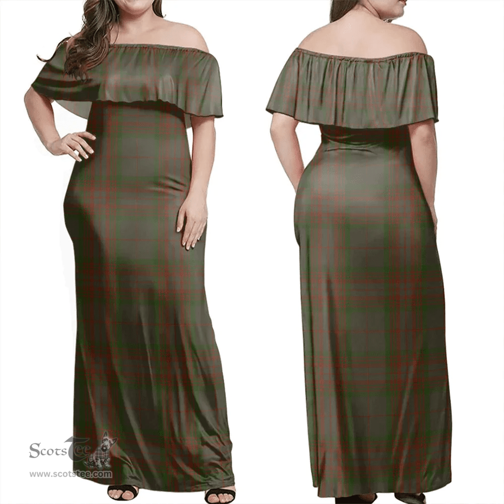 Scottish Gray Clan Tartan Off Shoulder Long Dress - Classic Scottish Plaid Tartan Plaid
