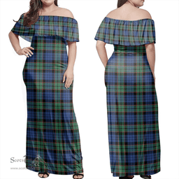 Scottish Fletcher Ancient Clan Tartan Off Shoulder Long Dress - Classic Scottish Plaid Tartan Plaid